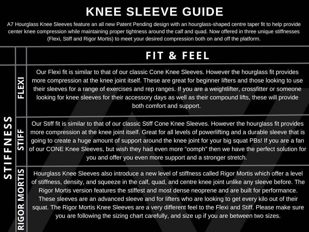 A7 IPF Approved Hourglass Knee Sleeves feature an hourglass-shaped centre taper fit to help provide knee compression while maintaining proper tightness around the calf and quad, offered in three stiffnesses (Flexi, Stiff and Rigor Mortis). Shop the full A7 Powerlifting IPF Approved Equipment collection. The IPF Approved Kit includes Powerlifting Singlet, A7 Meet Shirt, A7 Zebra Wrist Wraps and A7 Deadlift Socks. All A7 Powerlifting Equipment shipping to UK, Norway, Switzerland and Iceland.